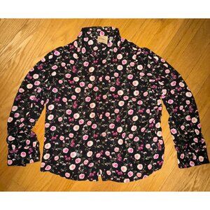 Elie Tahari Women's Small Black Dahlia Floral Long Sleeve Chiffon Blouse